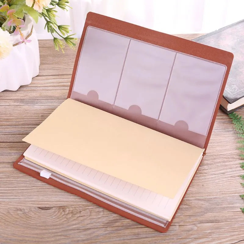 Leather business hand ledger notebook with strap binding and warm brown pages