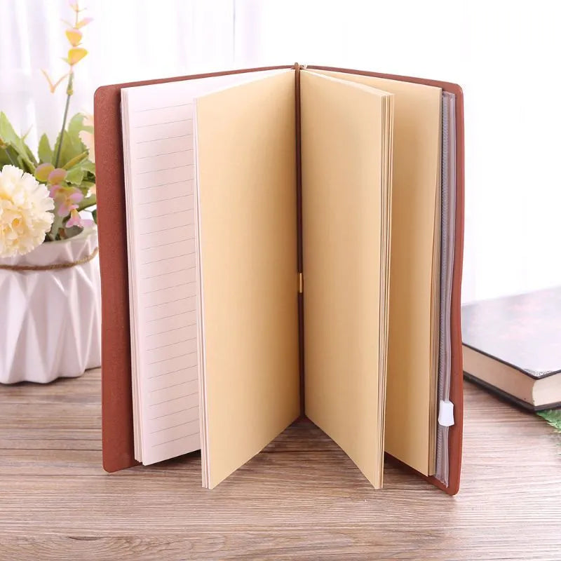 Leather business hand ledger notebook with strap binding and warm brown pages