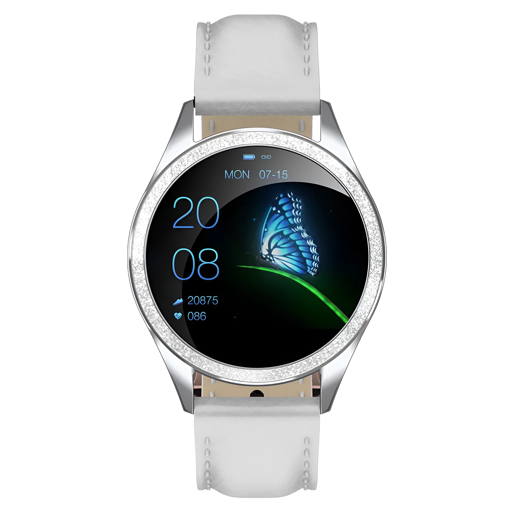 Women's silver smart bracelet watch with menstrual cycle reminder and IP68 waterproof rating on wrist