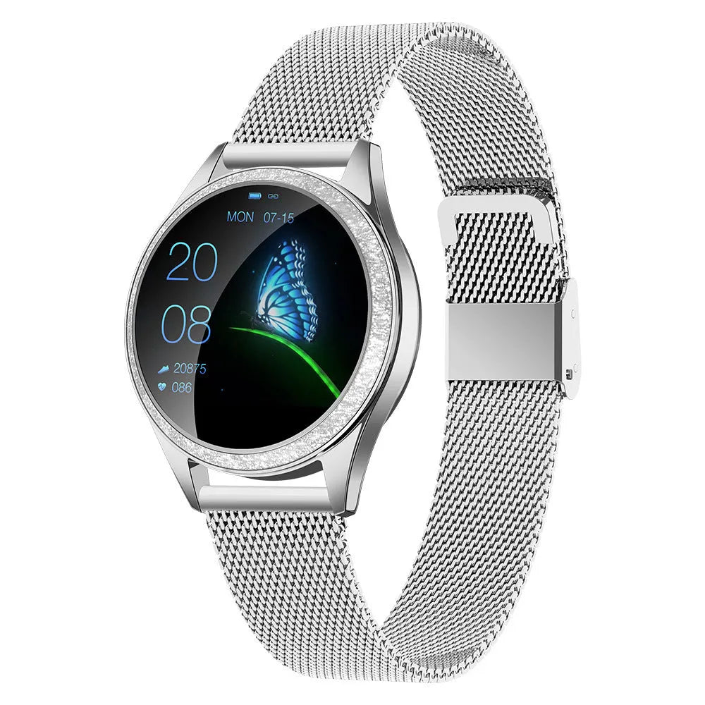 Women's silver smart bracelet watch with menstrual cycle reminder and IP68 waterproof rating on wrist