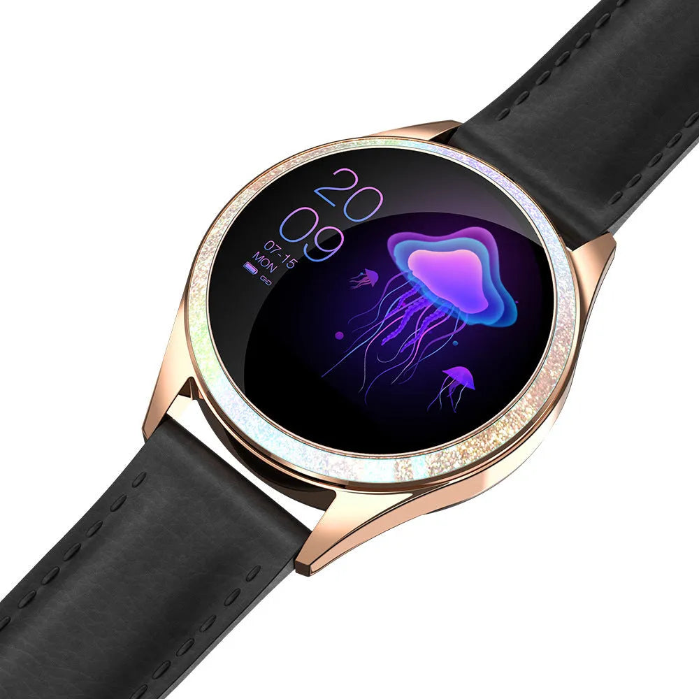 Women's silver smart bracelet watch with menstrual cycle reminder and IP68 waterproof rating on wrist