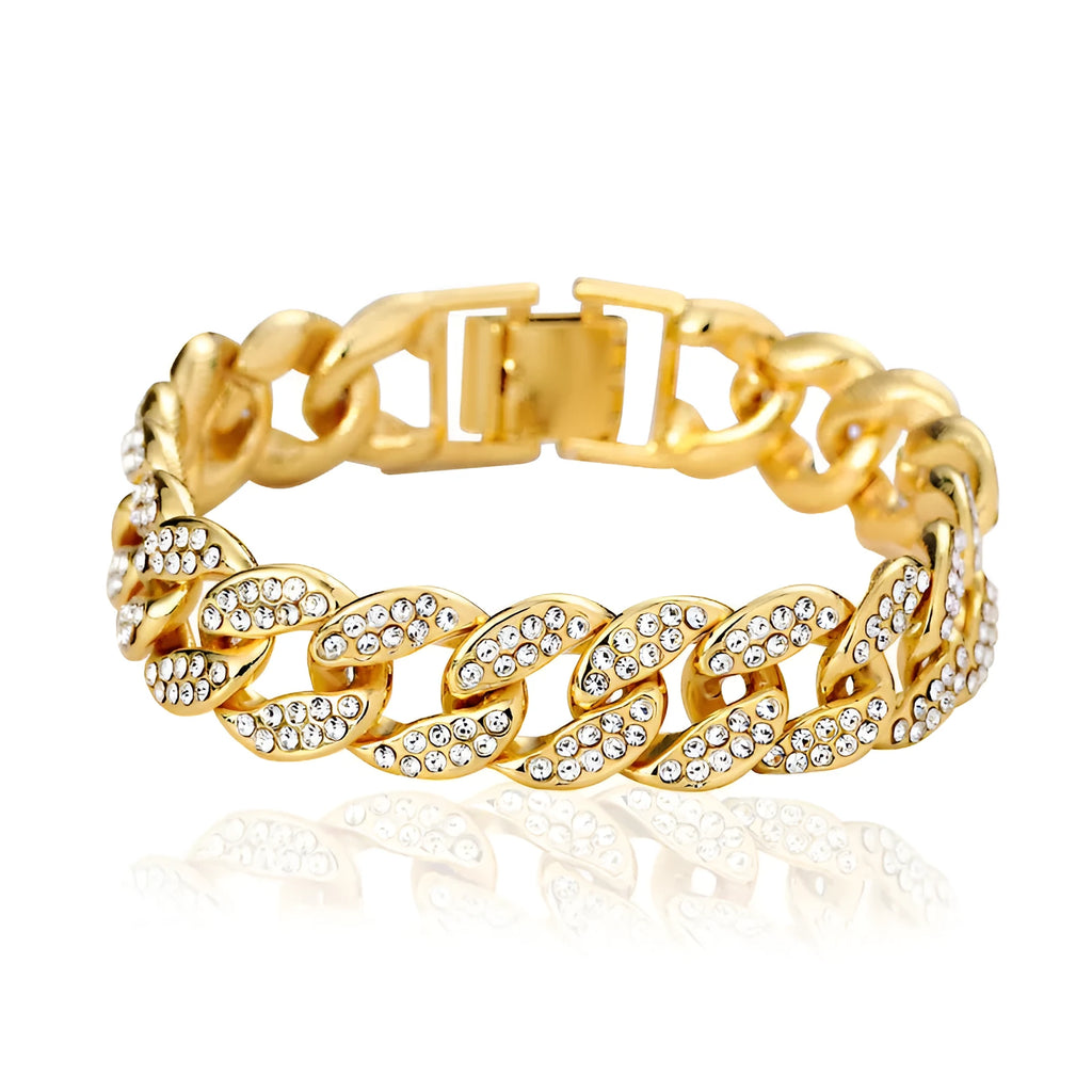 Cuban thick link chain bracelet gold colour with crystal rhinestones flat buckle alloy jewelry 8-inch