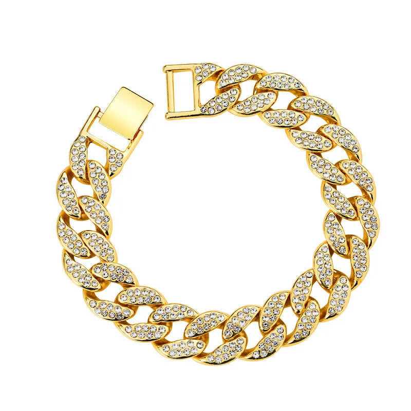 Cuban thick link chain bracelet gold colour with crystal rhinestones flat buckle alloy jewelry 8-inch