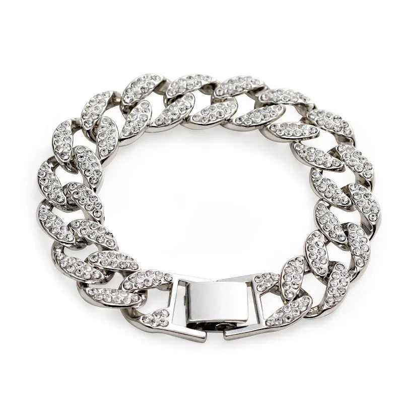 Cuban thick link chain bracelet gold colour with crystal rhinestones flat buckle alloy jewelry 8-inch