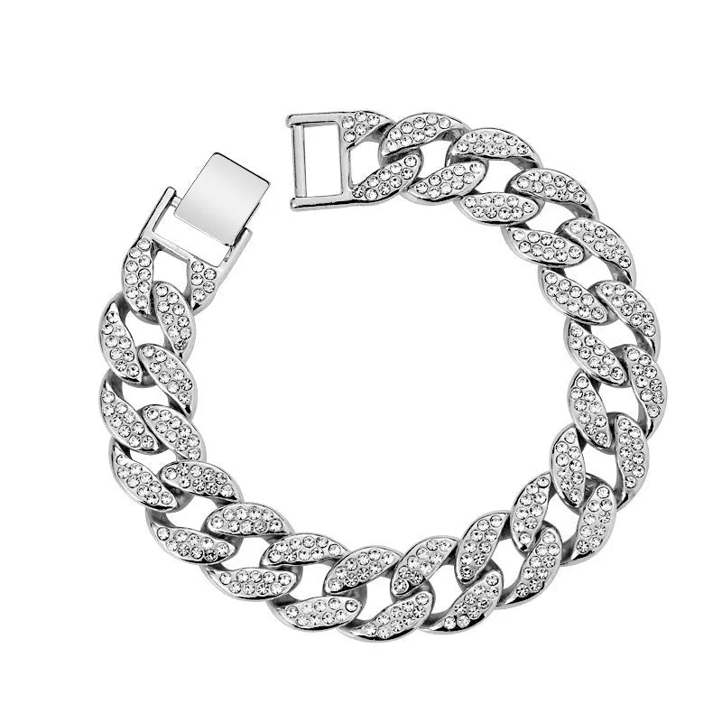 Cuban thick link chain bracelet gold colour with crystal rhinestones flat buckle alloy jewelry 8-inch