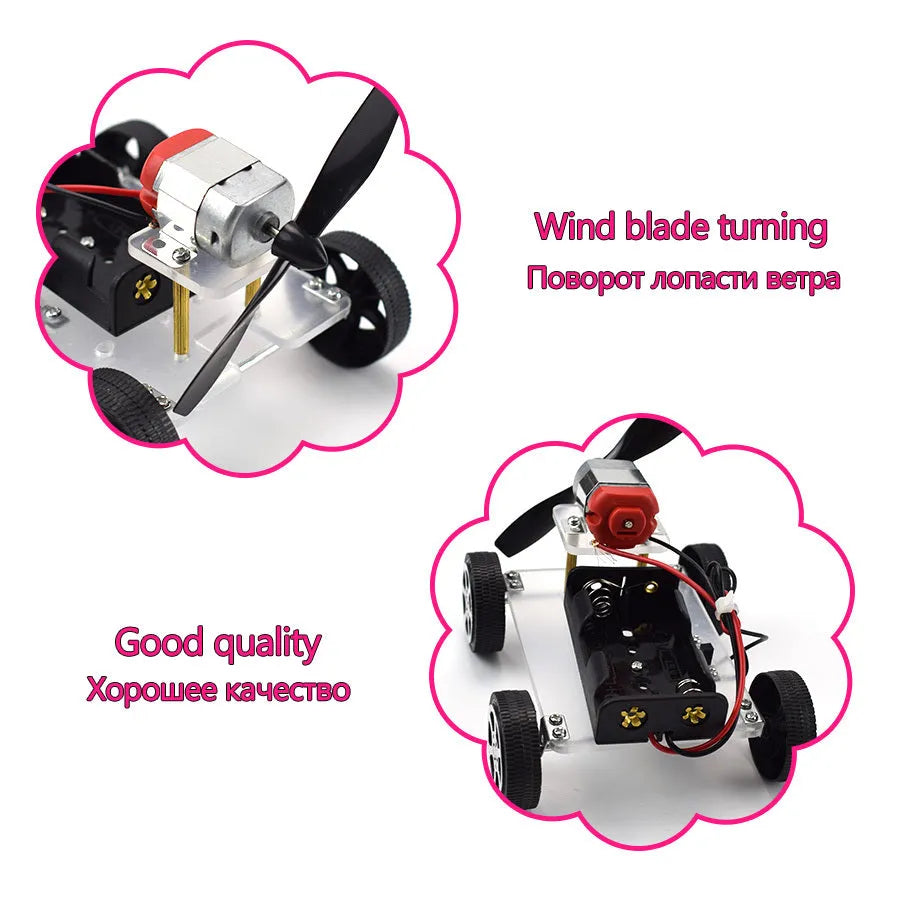 DIY wind car electronic experiment kit with acrylic, metal and plastic parts for children's science education.