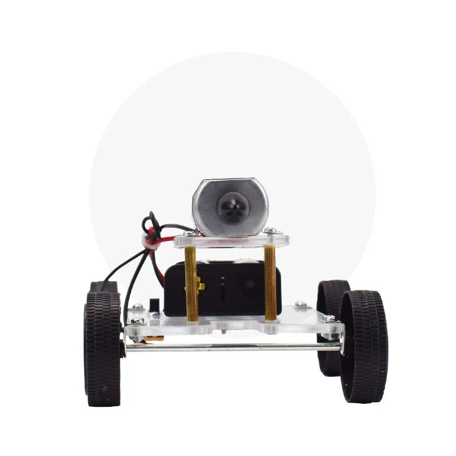 DIY wind car electronic experiment kit with acrylic, metal and plastic parts for children's science education.