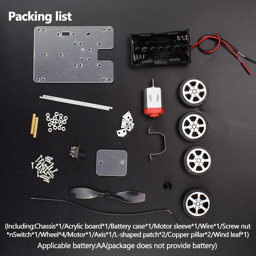 DIY wind car electronic experiment kit with acrylic, metal and plastic parts for children's science education.