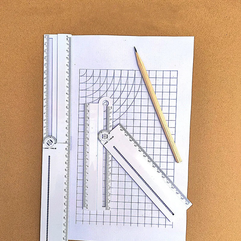White plastic multi-function set ruler with 30cm straight edge for technical drawing