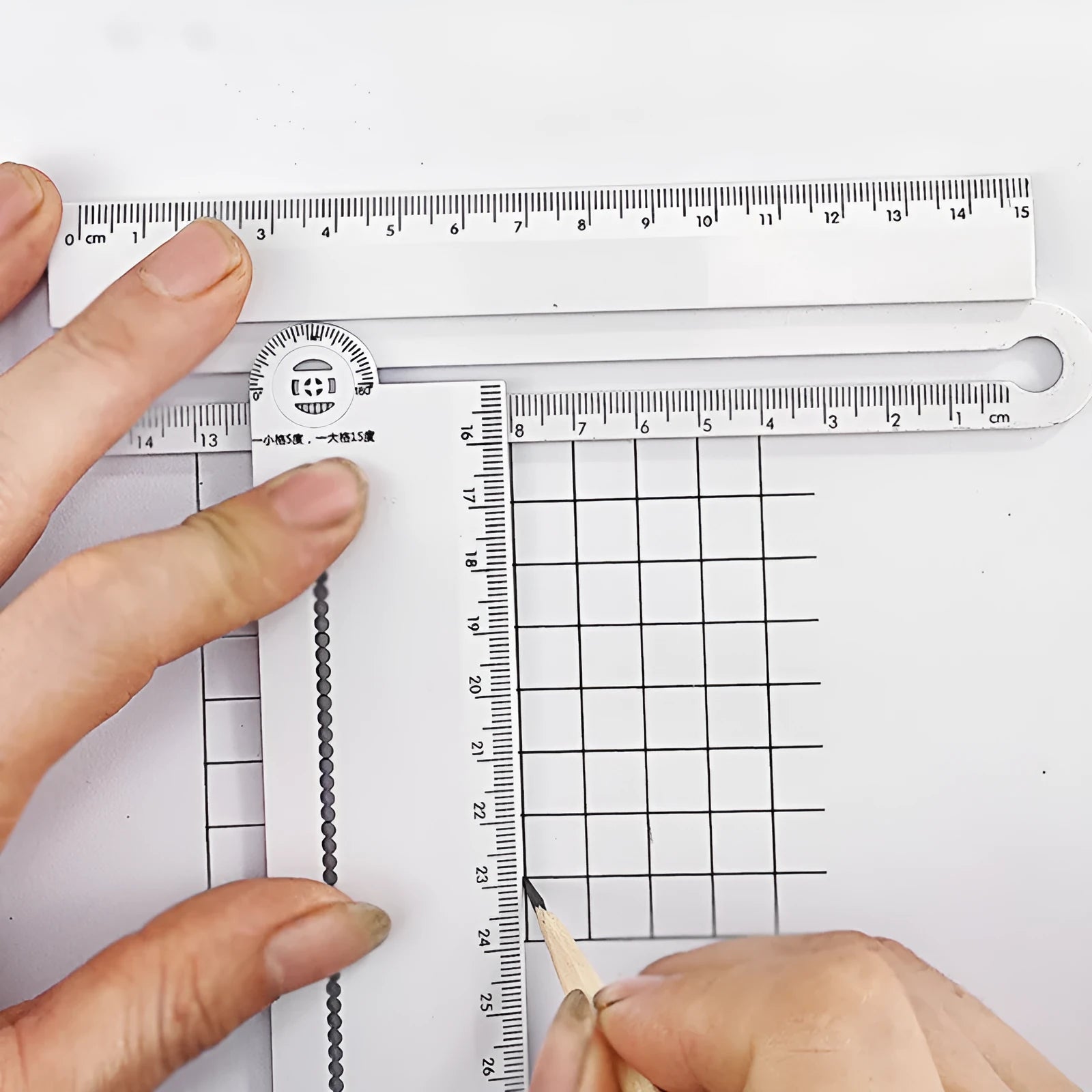 White plastic multi-function set ruler with 30cm straight edge for technical drawing