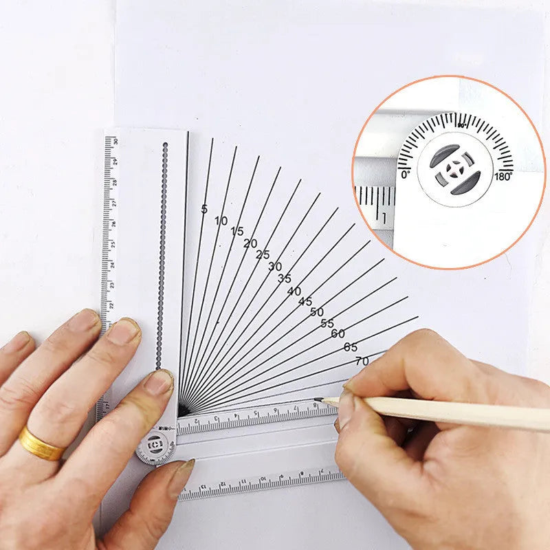 White plastic multi-function set ruler with 30cm straight edge for technical drawing