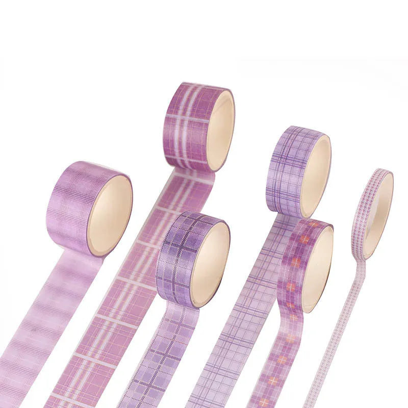 Set of six rolls of retro plaid decorative Japanese paper tape in various colours and widths.