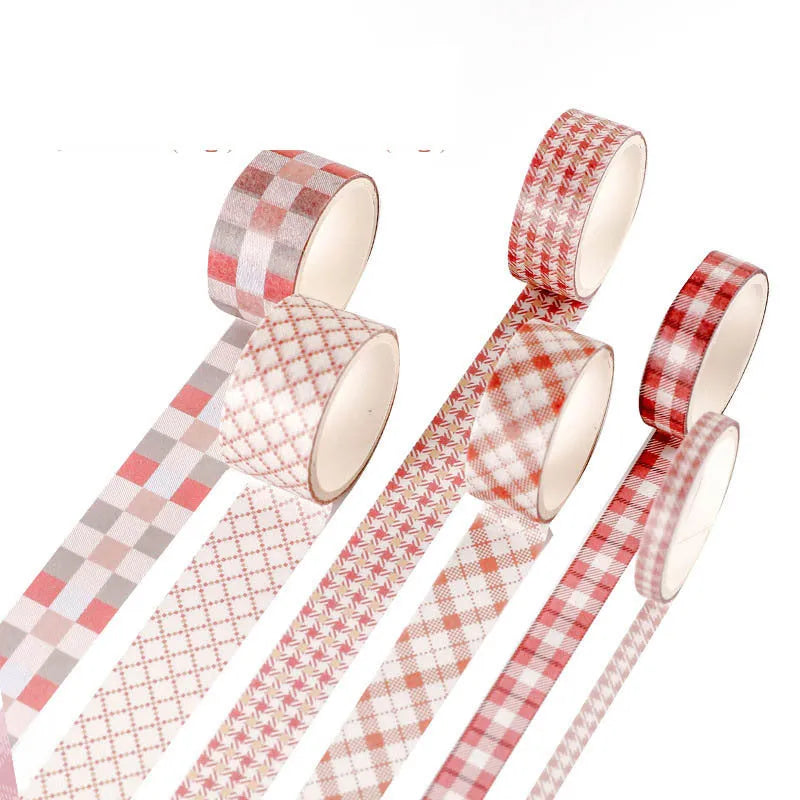 Set of six rolls of retro plaid decorative Japanese paper tape in various colours and widths.