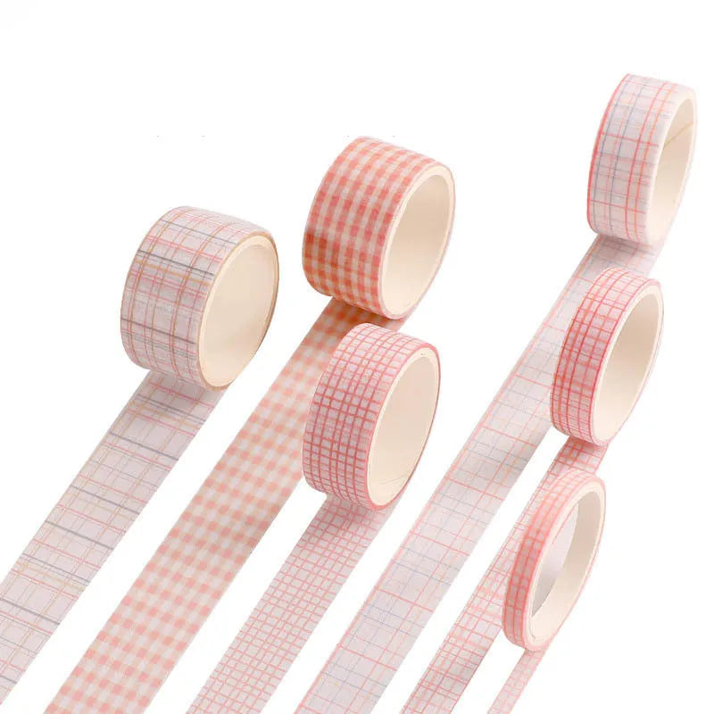 Set of six rolls of retro plaid decorative Japanese paper tape in various colours and widths.