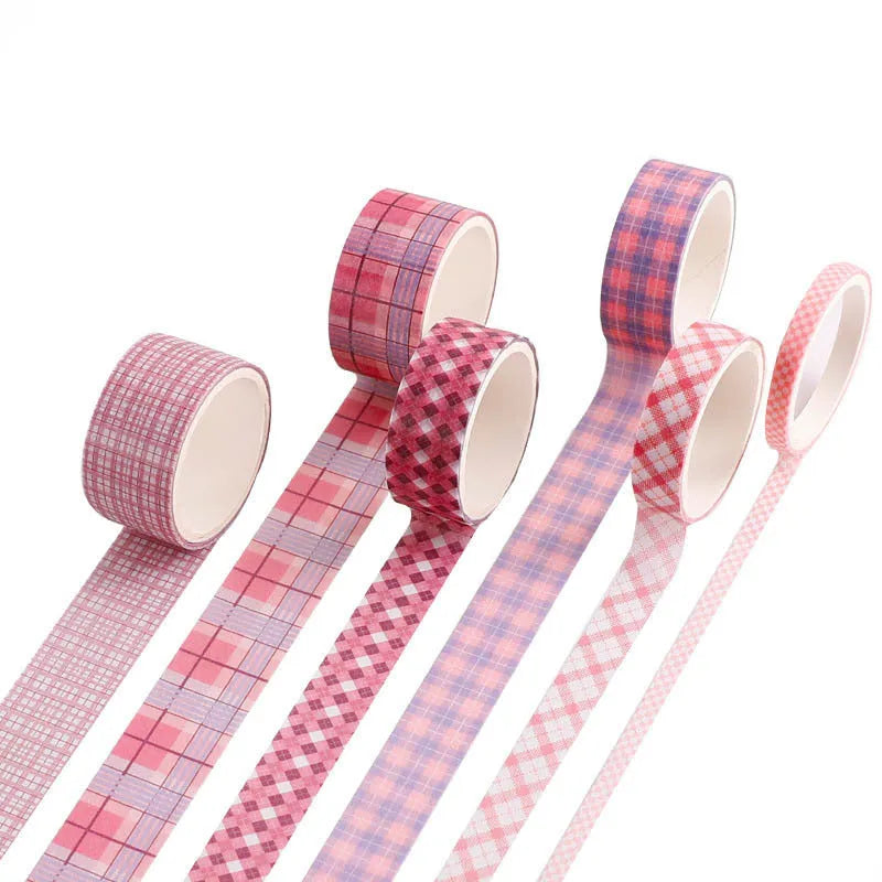Set of six rolls of retro plaid decorative Japanese paper tape in various colours and widths.