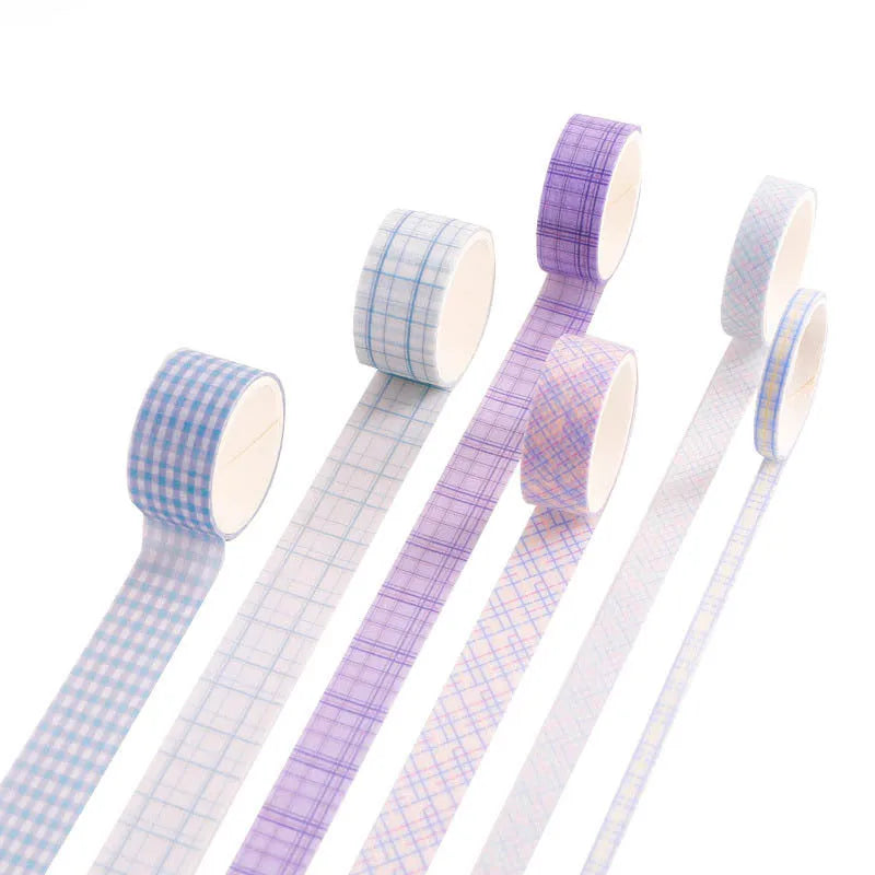 Set of six rolls of retro plaid decorative Japanese paper tape in various colours and widths.