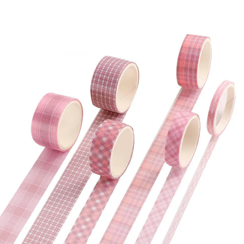 Set of six rolls of retro plaid decorative Japanese paper tape in various colours and widths.