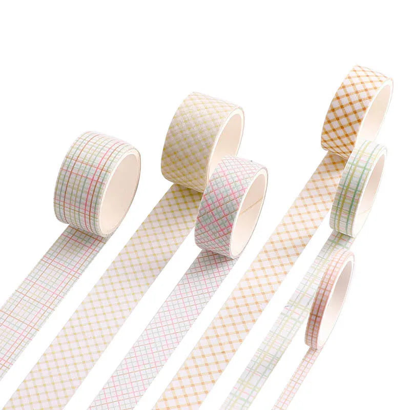 Set of six rolls of retro plaid decorative Japanese paper tape in various colours and widths.
