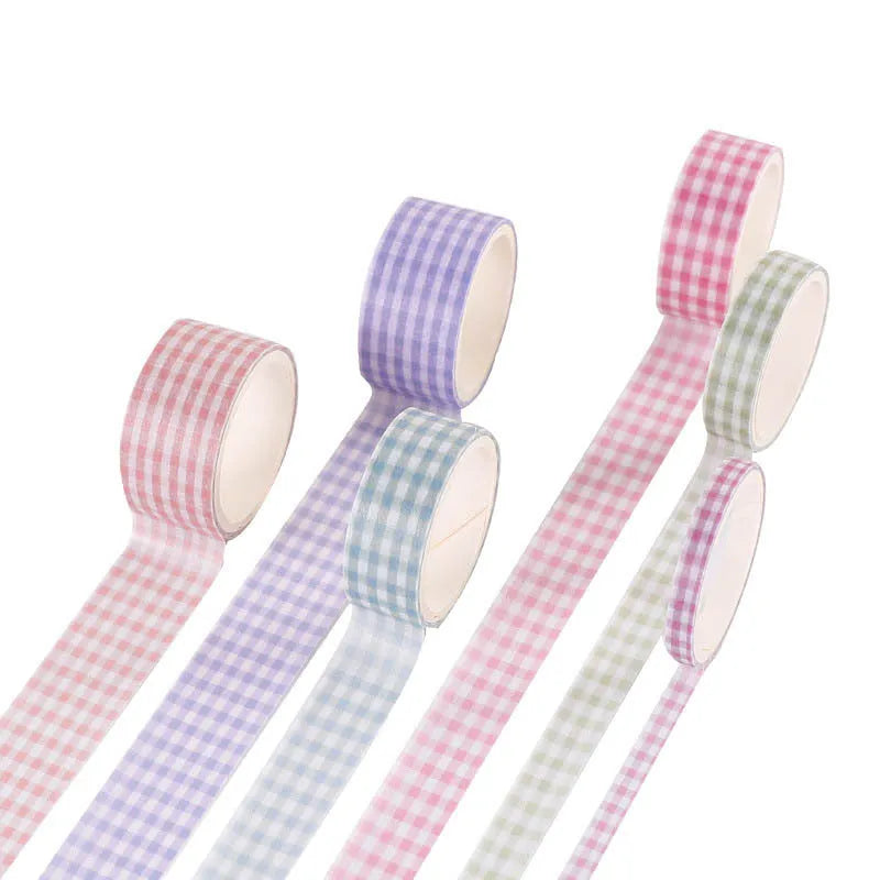Set of six rolls of retro plaid decorative Japanese paper tape in various colours and widths.