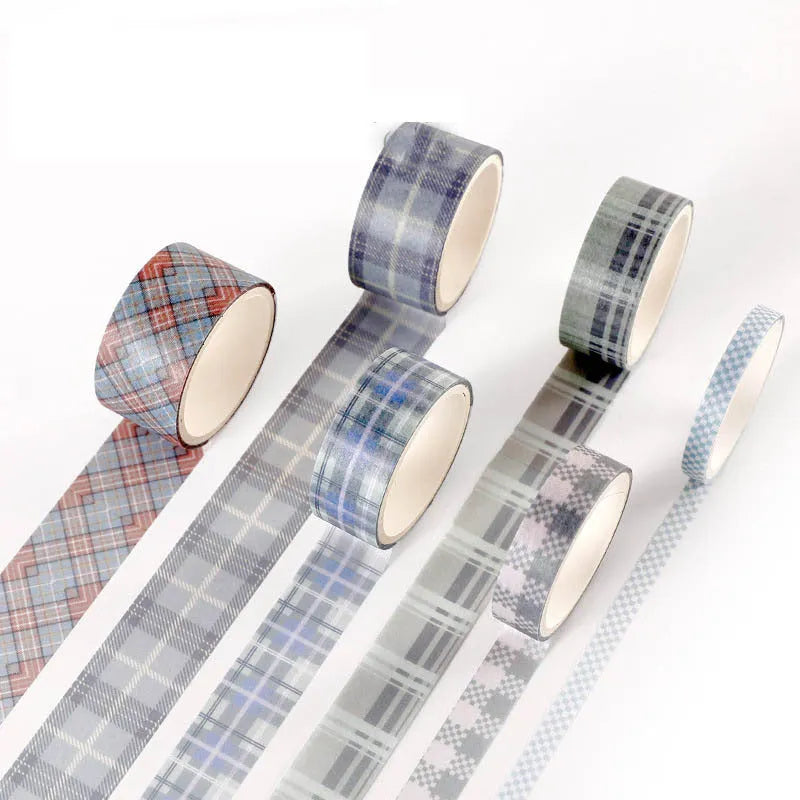 Set of six rolls of retro plaid decorative Japanese paper tape in various colours and widths.