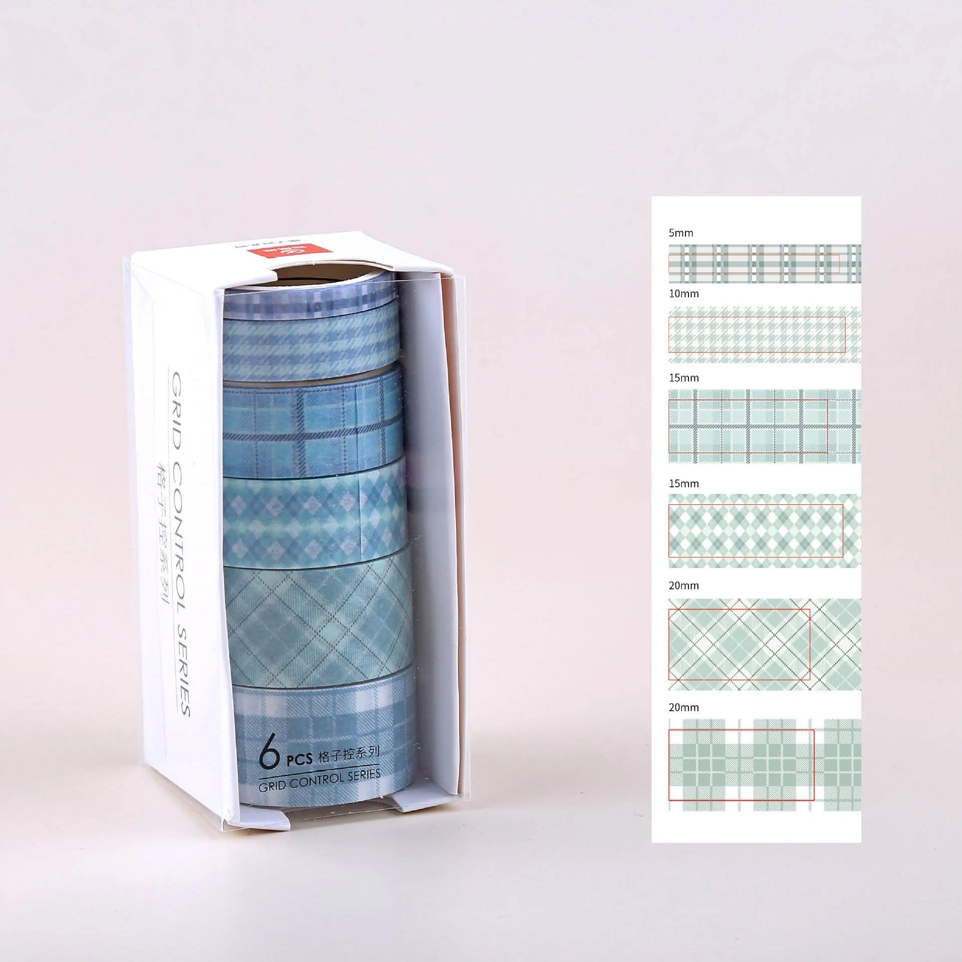 Set of six rolls of retro plaid decorative Japanese paper tape in various colours and widths.