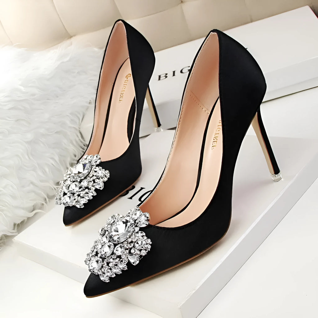 Women's black stiletto high heels with pointed toe, super high heel above 8cm, cloth upper, sizes 34-39