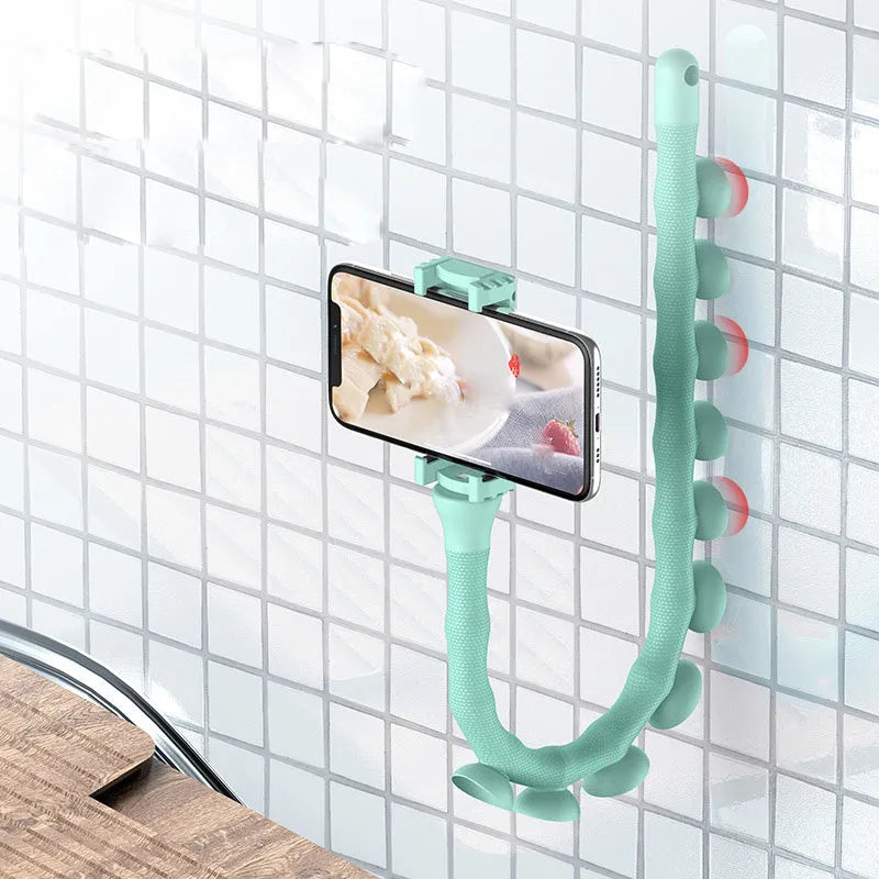 Flexible mobile phone holder with suction cup mount showing 62cm arm and 360-degree rotation capability