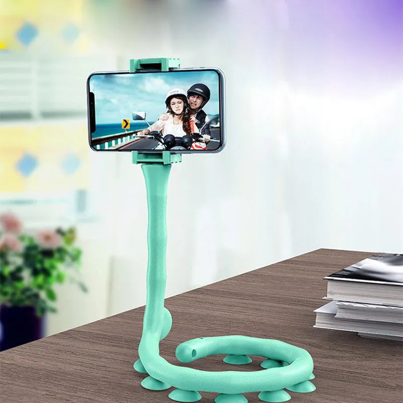 Flexible mobile phone holder with suction cup mount showing 62cm arm and 360-degree rotation capability
