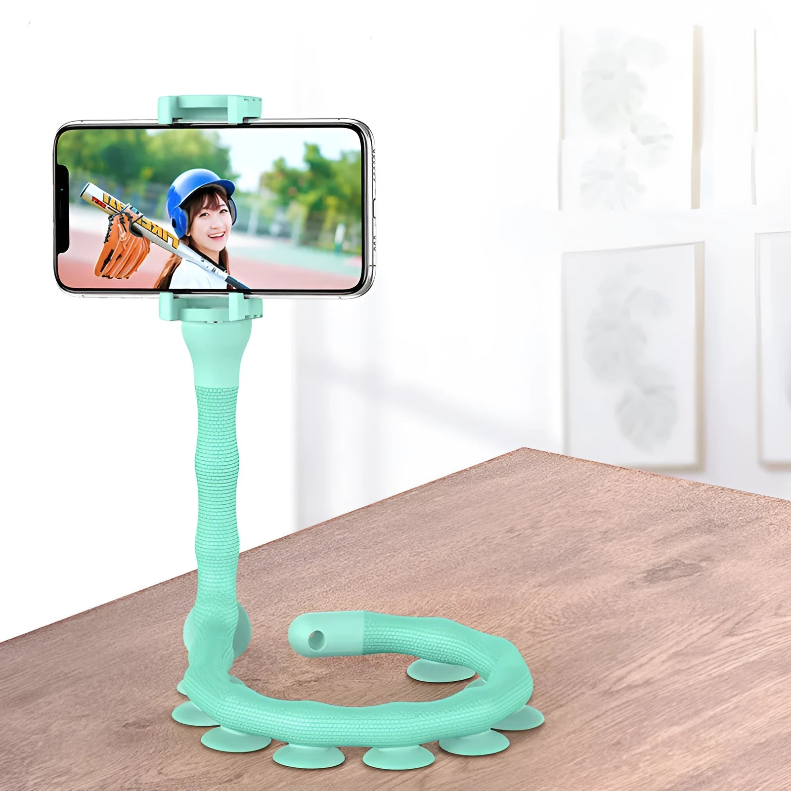 Flexible mobile phone holder with suction cup mount showing 62cm arm and 360-degree rotation capability