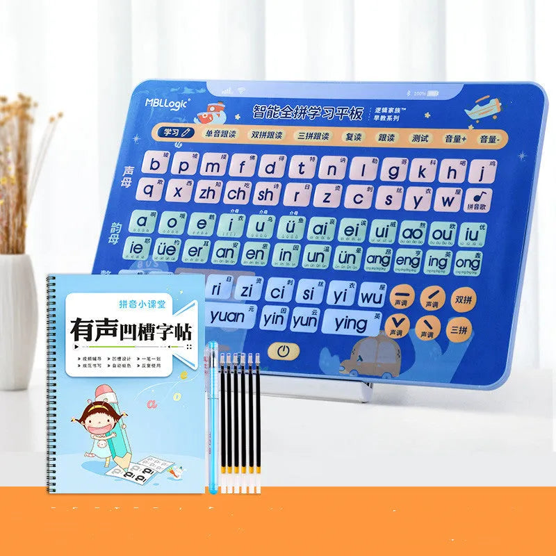 Interactive plastic audio wall chart tablet for children learning Chinese characters and pinyin, with on-screen display and physical cards.