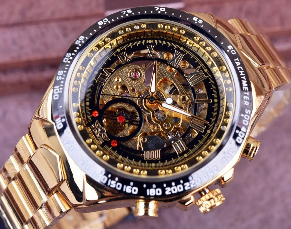 All-steel skeleton automatic mechanical watch for men, silver case, hollow dial visible, 4.4 cm surface width