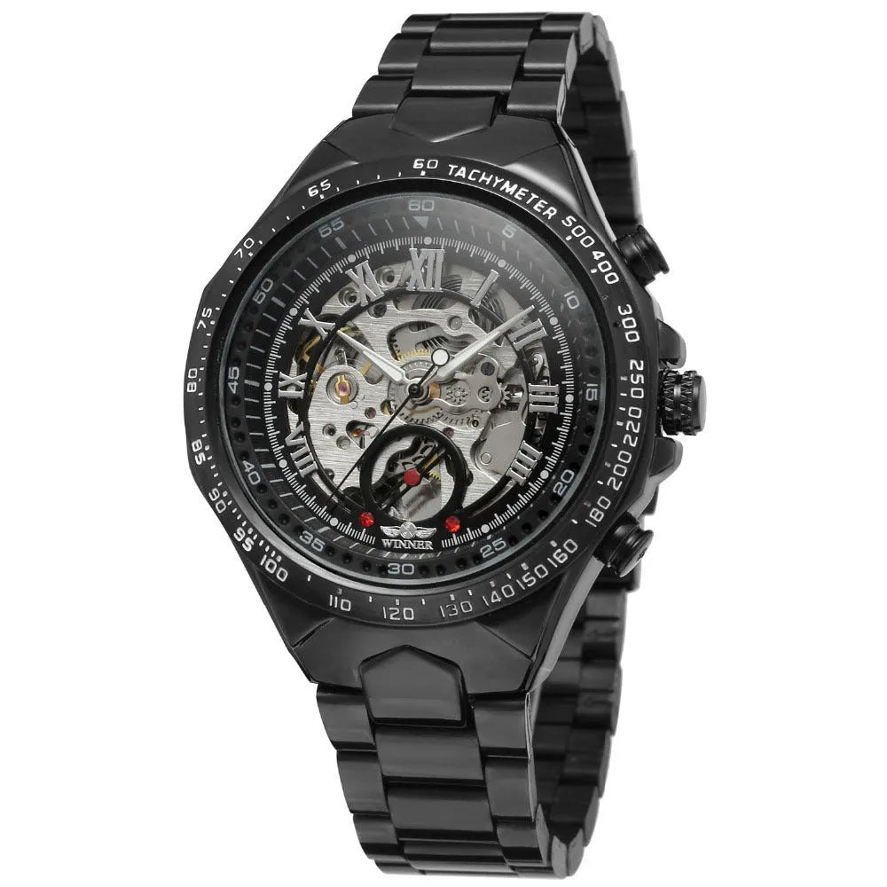 All-steel skeleton automatic mechanical watch for men, silver case, hollow dial visible, 4.4 cm surface width