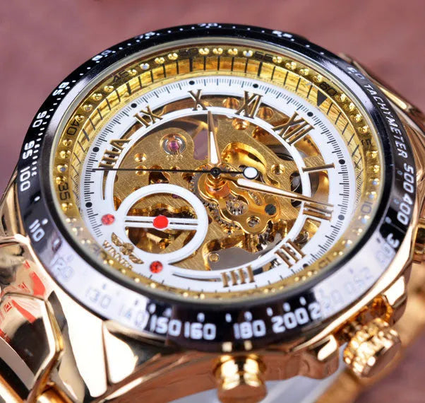 All-steel skeleton automatic mechanical watch for men, silver case, hollow dial visible, 4.4 cm surface width