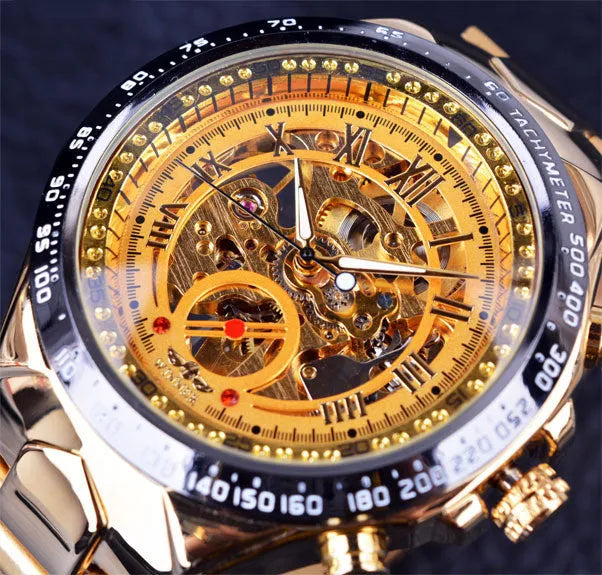 All-steel skeleton automatic mechanical watch for men, silver case, hollow dial visible, 4.4 cm surface width