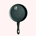 Black 3D frying pan shape iPhone case made of soft TPU and PC, back cover design.