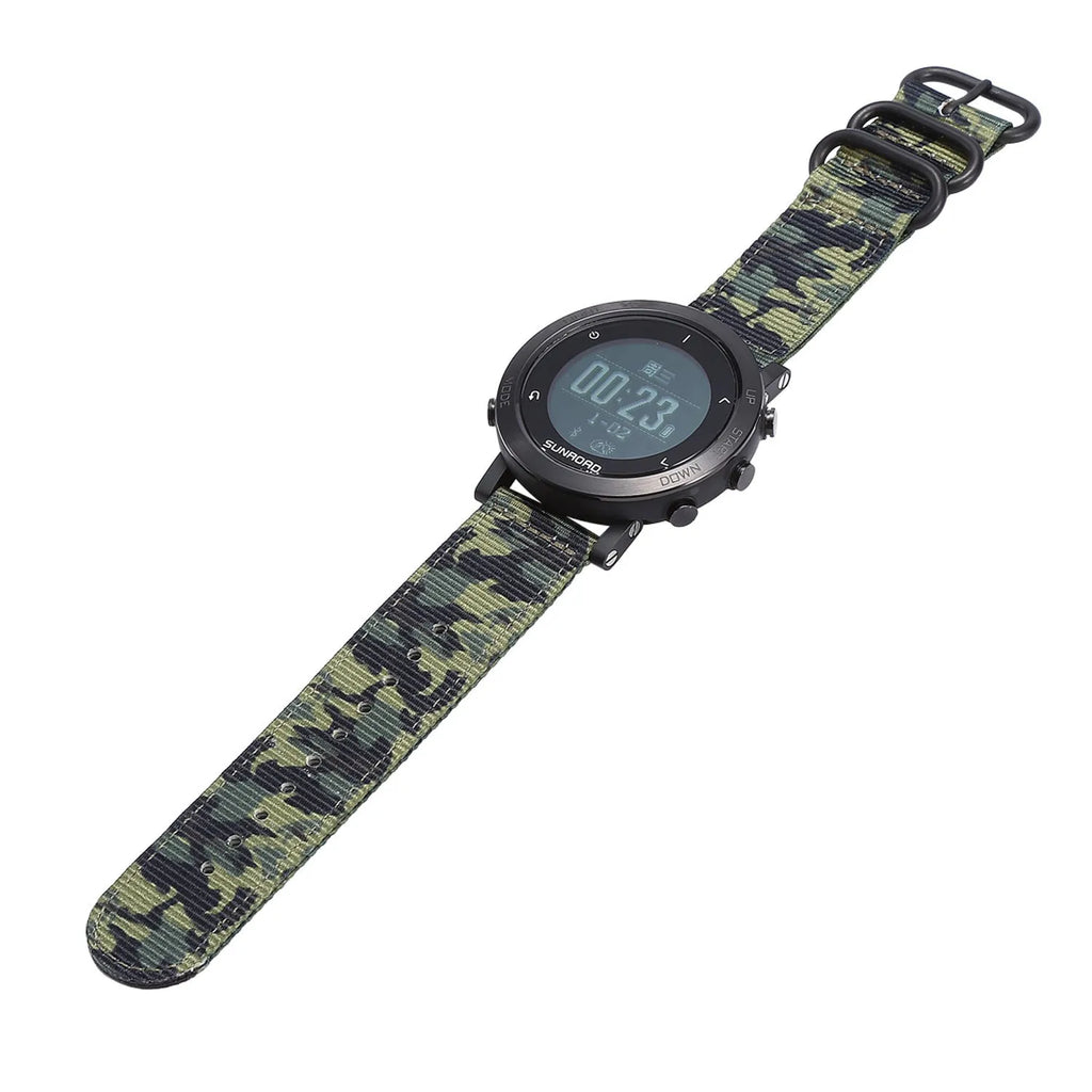 Smart sports watch with stainless steel bezel and black nylon strap on wrist, showing GPS tracking display.