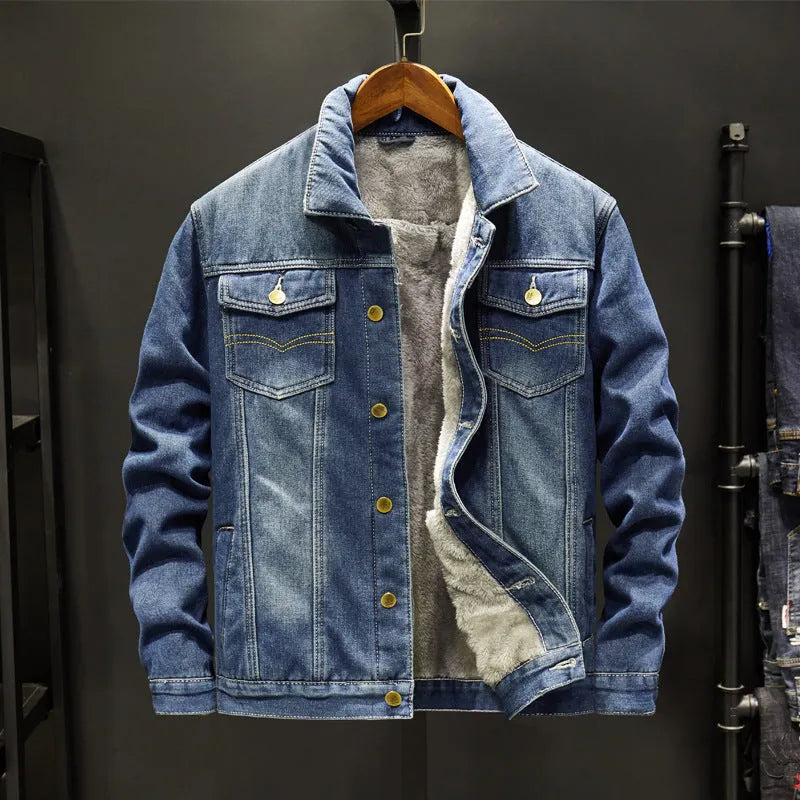 Men's Korean gown trend denim jacket in dark blue, cotton material, long sleeves, casual style