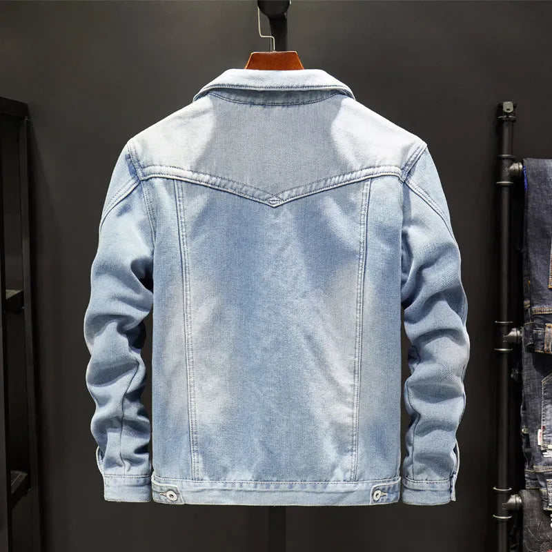 Men's Korean gown trend denim jacket in dark blue, cotton material, long sleeves, casual style