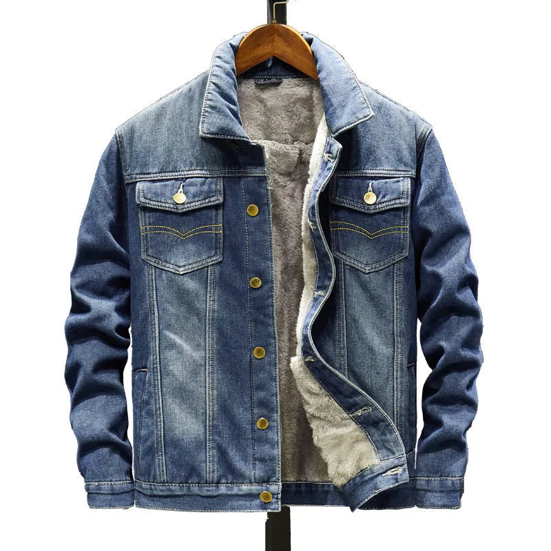 Men's Korean gown trend denim jacket in dark blue, cotton material, long sleeves, casual style