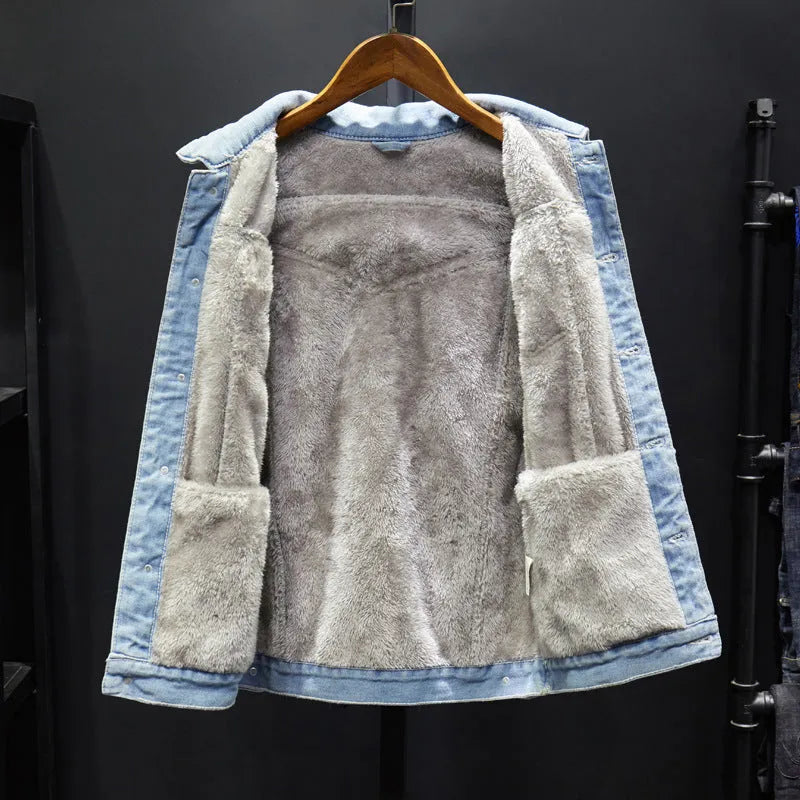 Men's Korean gown trend denim jacket in dark blue, cotton material, long sleeves, casual style