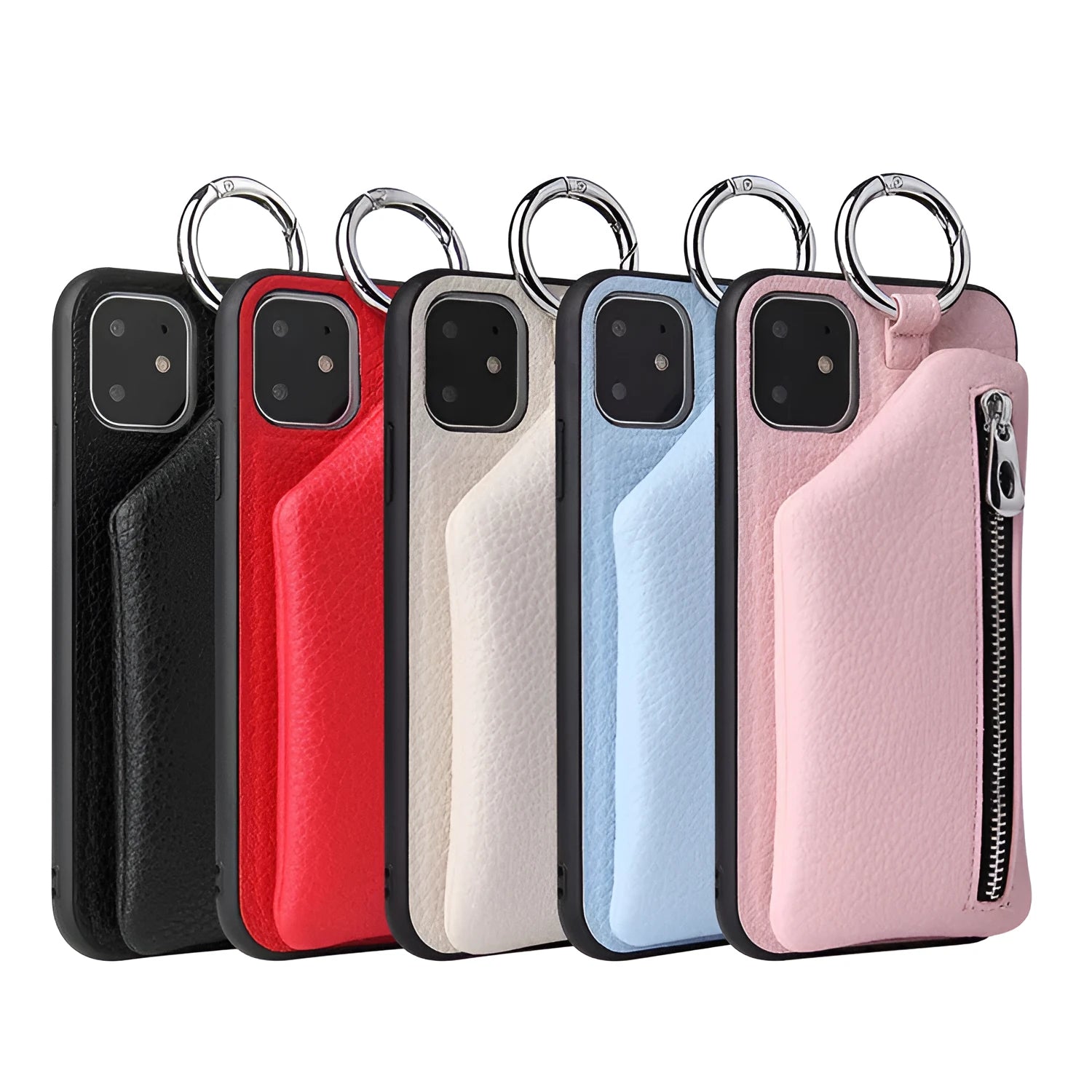 Pink imitation leather phone case with a detachable woven lanyard and a card slot on the back.