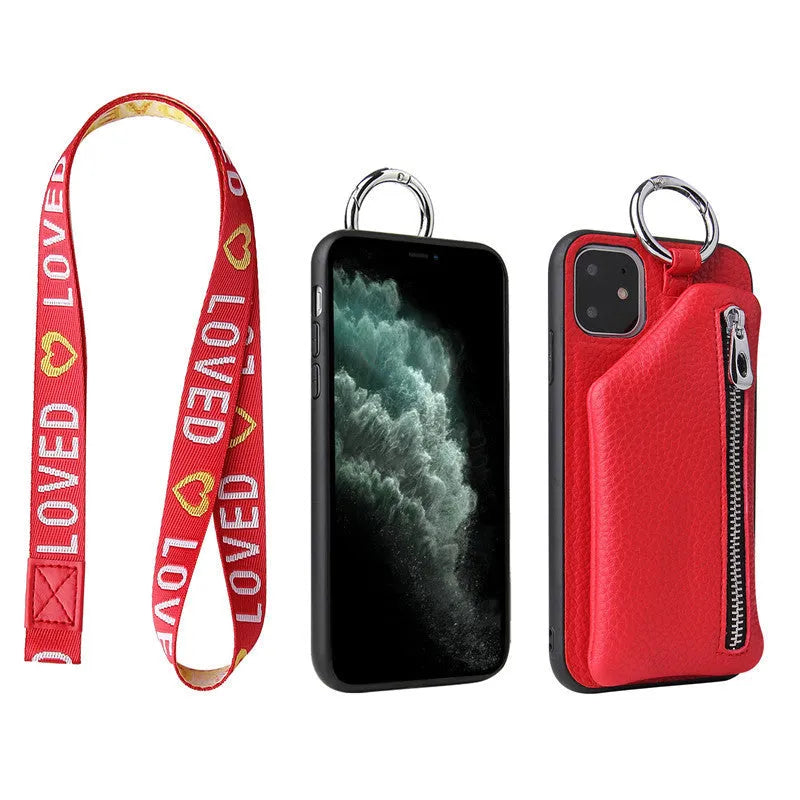 Pink imitation leather phone case with a detachable woven lanyard and a card slot on the back.