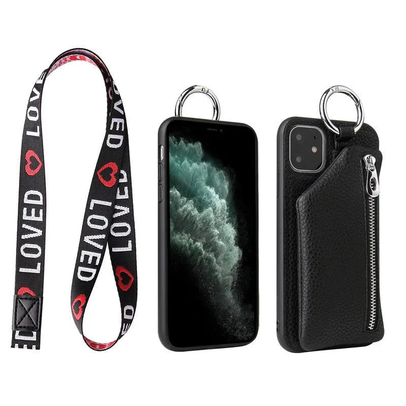 Pink imitation leather phone case with a detachable woven lanyard and a card slot on the back.