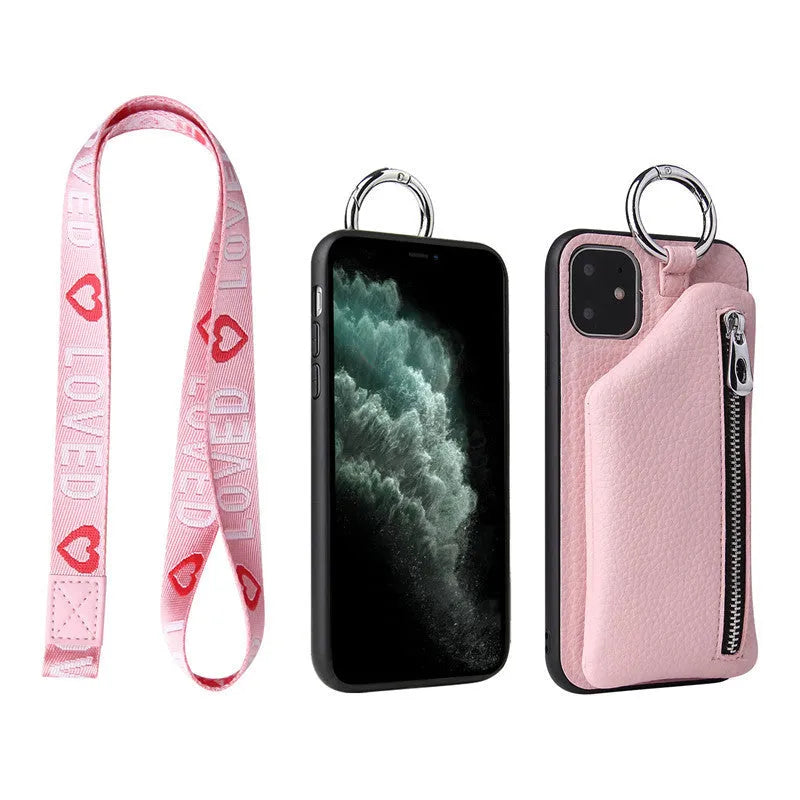 Pink imitation leather crossbody phone case with attached lanyard and zipped coin purse.