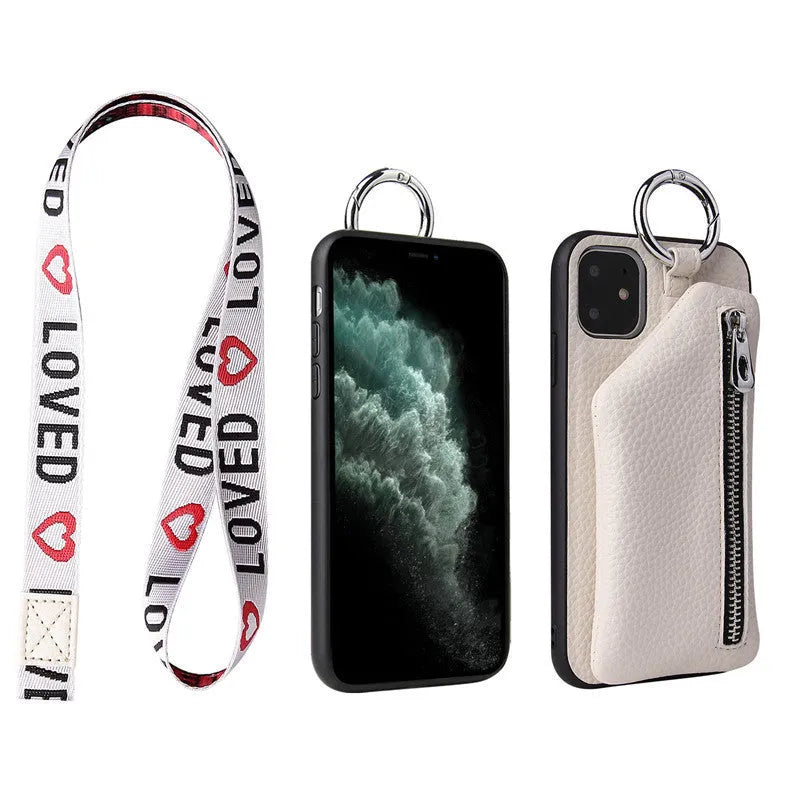 Pink imitation leather phone case with a detachable woven lanyard and a card slot on the back.