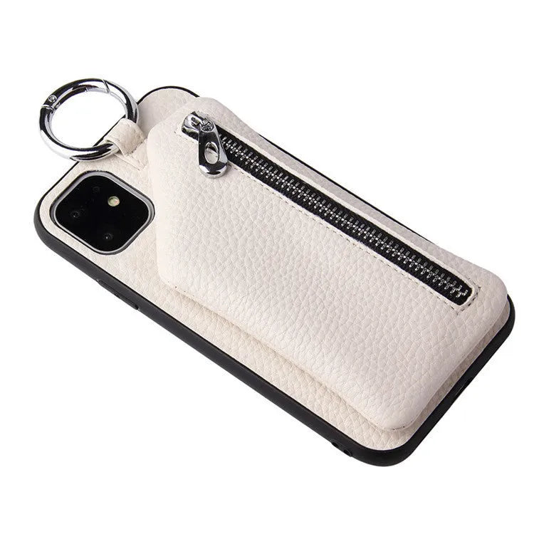 Pink imitation leather phone case with a detachable woven lanyard and a card slot on the back.