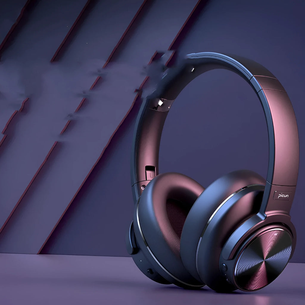 Cold black wireless Bluetooth headset with head-mounted design and all-in-ear fit for noise-cancelled listening