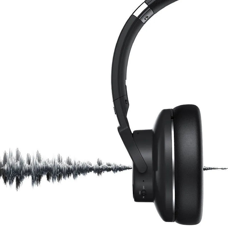 Cold black wireless Bluetooth headset with head-mounted design and all-in-ear fit for noise-cancelled listening