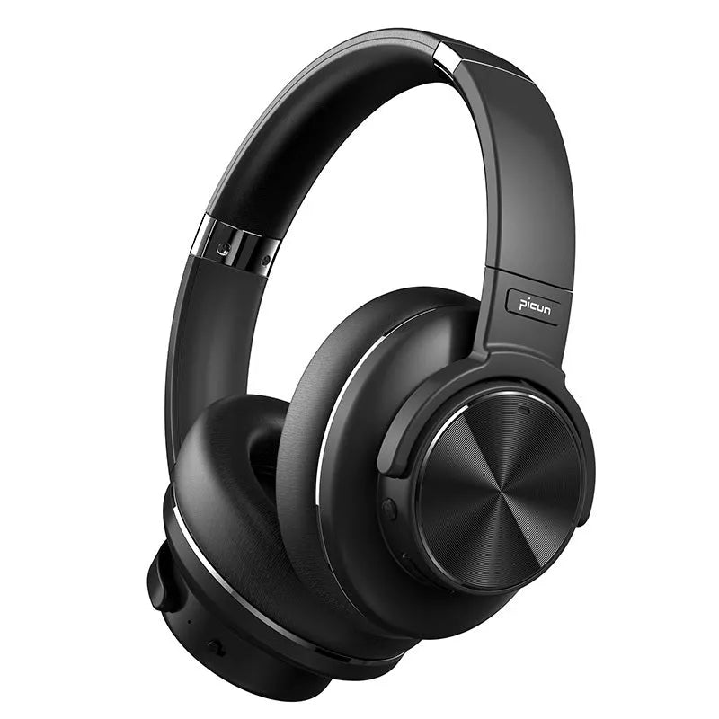 Cold black wireless Bluetooth headset with head-mounted design and all-in-ear fit for noise-cancelled listening