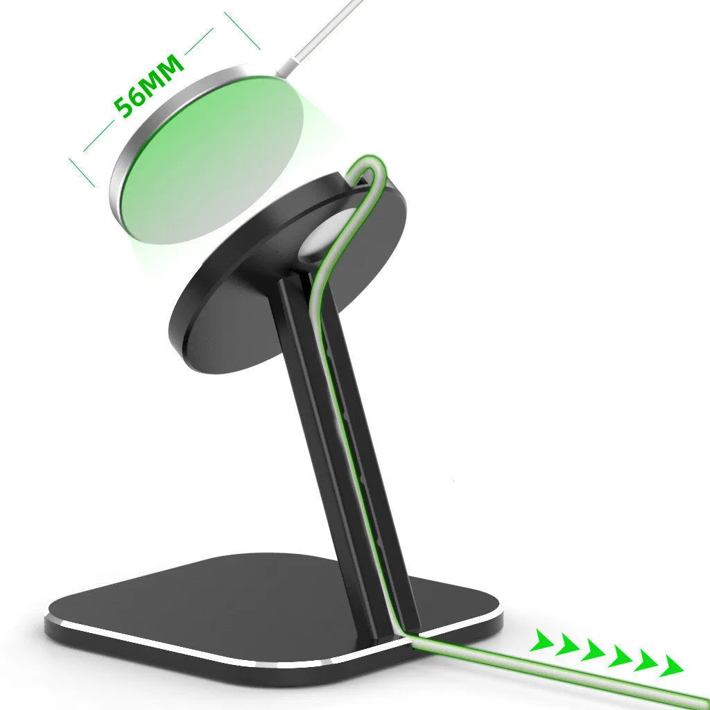 Magnetic bracket wireless charger stand for iPhone 12 with metal frame in black and silver colour options for desktop use